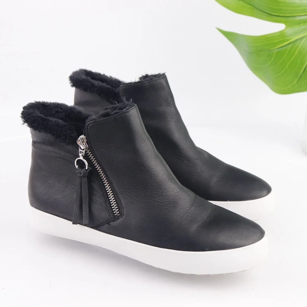 Rebecca Minkoff Womens Shelly Sneaker Boost Size 7 Black Leather Zip Fur Booties